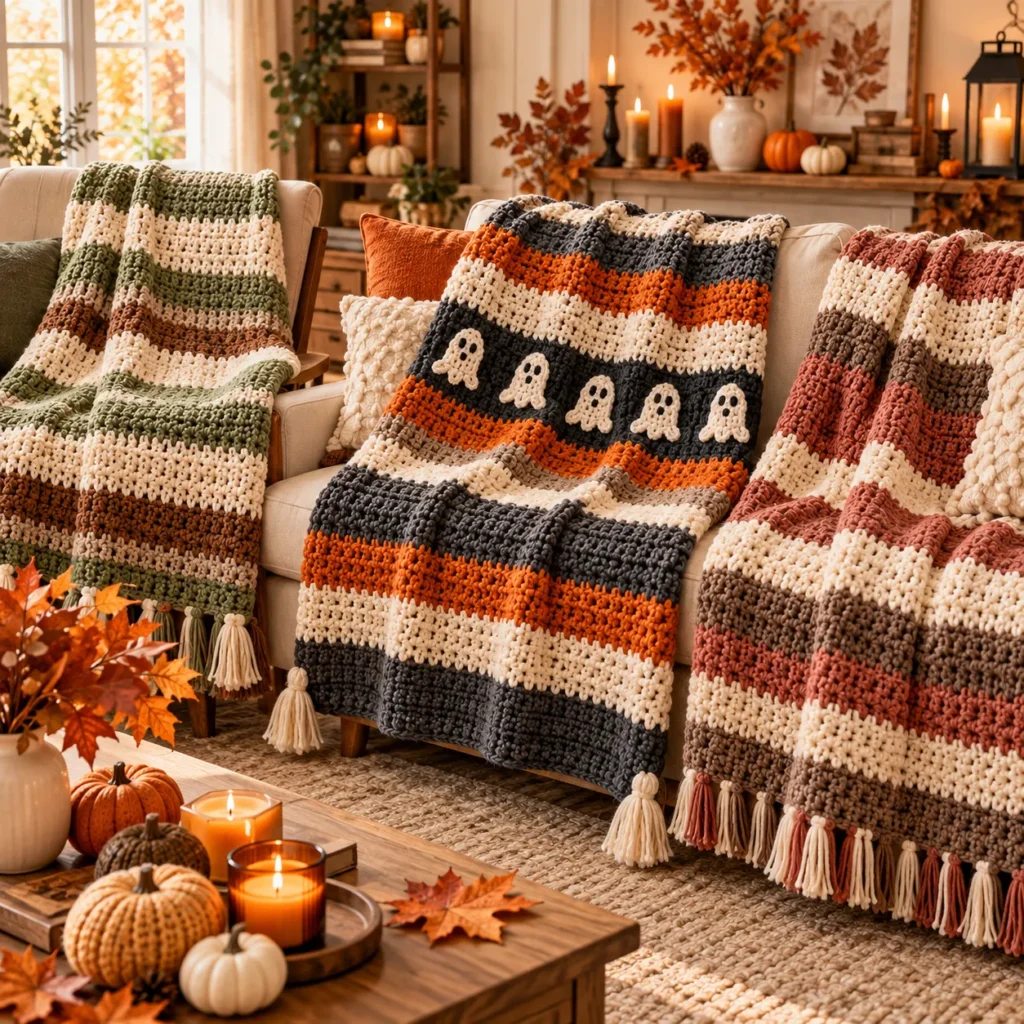 Finished Fall Crochet Blanket patterns in cozy autumn colorways