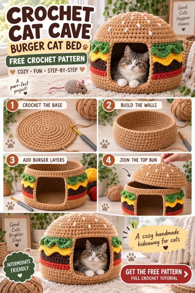 Burger Crochet Cat Cave pin