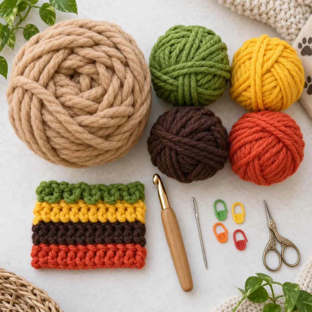 Yarn and crochet supplies for a burger Crochet Cat Cave