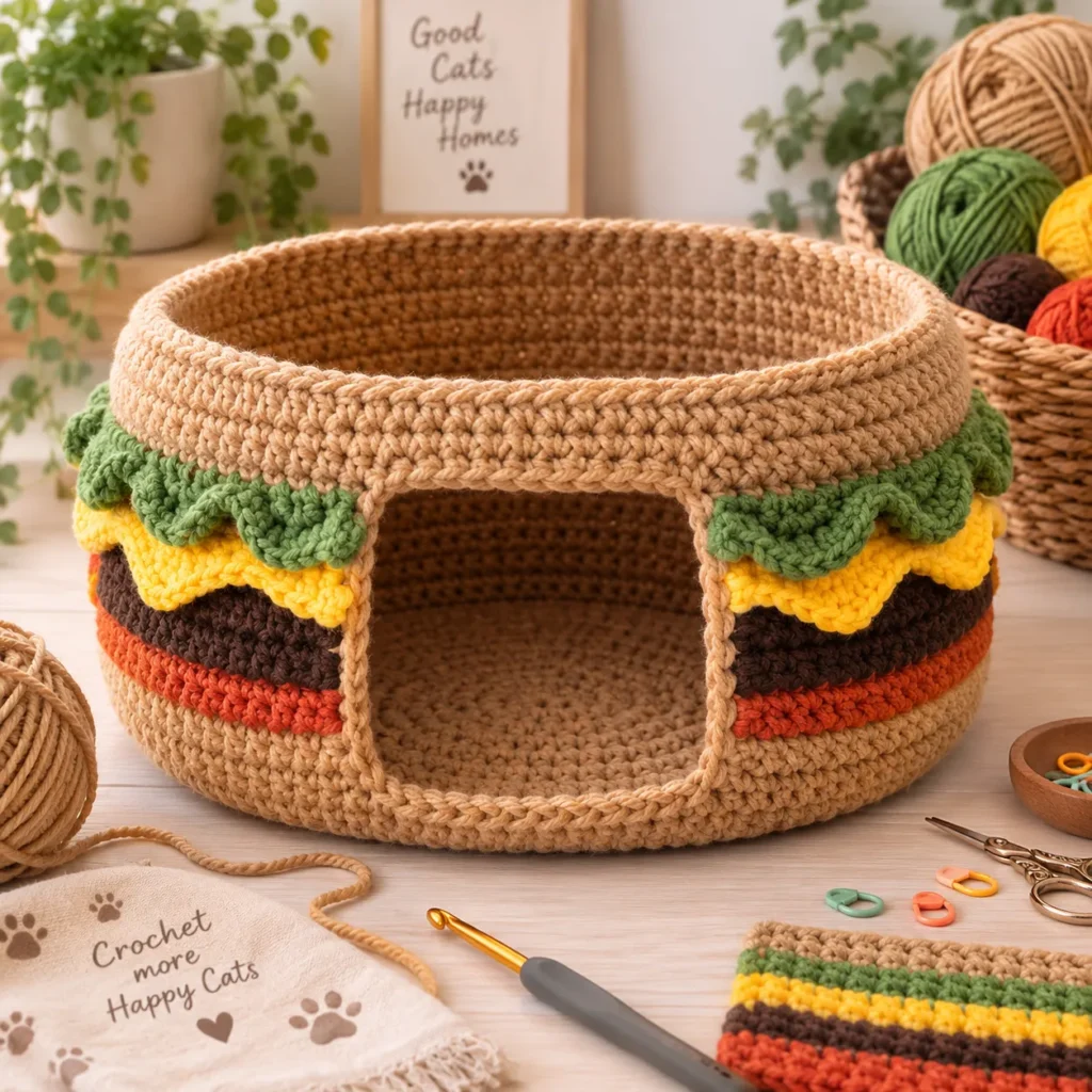 Burger layers and doorway being crocheted on a cat cave