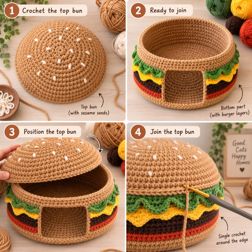 Crochet burger top bun being attached to a cat cave