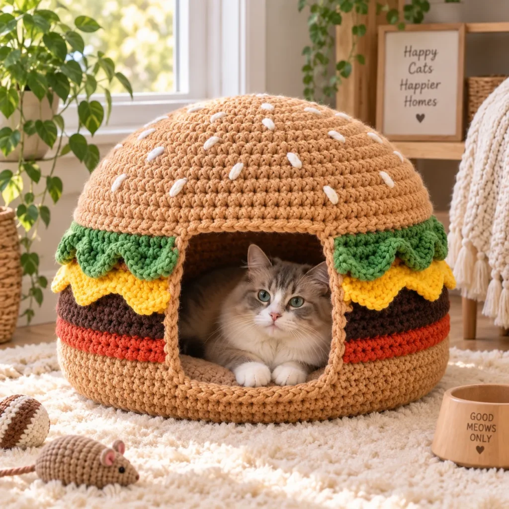 Finished burger Crochet Cat Cave with cat relaxing inside