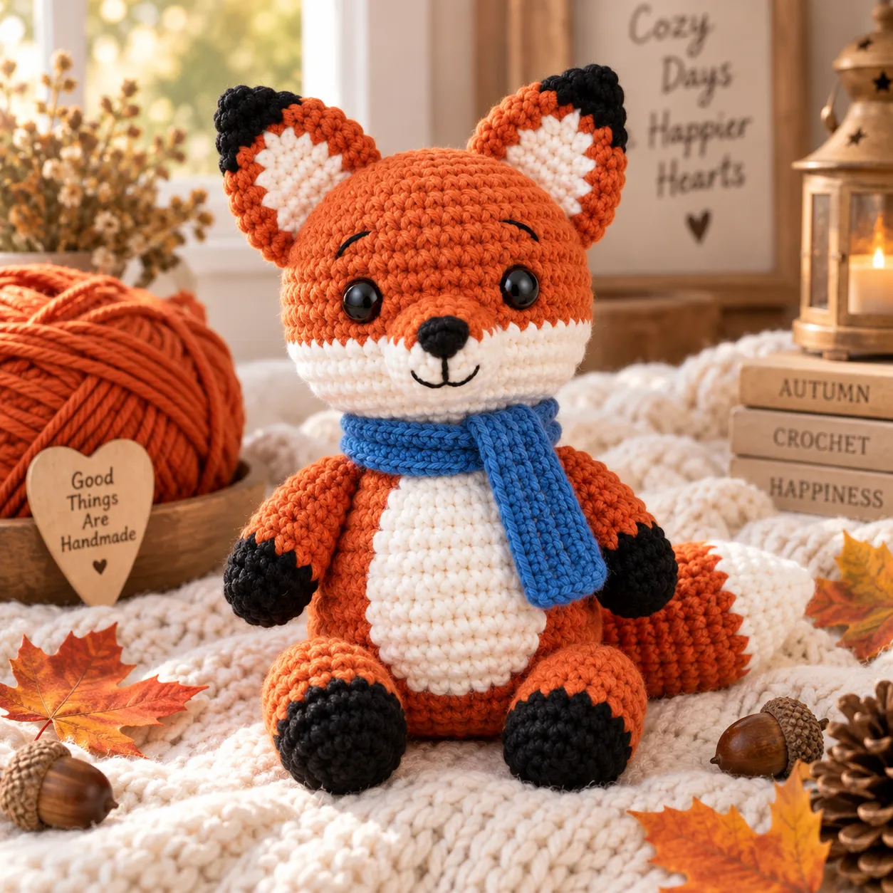 Finished crochet fox amigurumi wearing a blue scarf