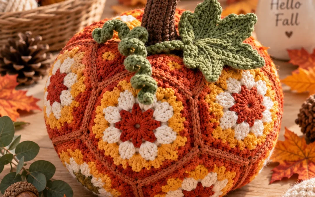 Crochet Fall Pumpkin from Fallburst Motifs – Free Pattern with Maple Leaf