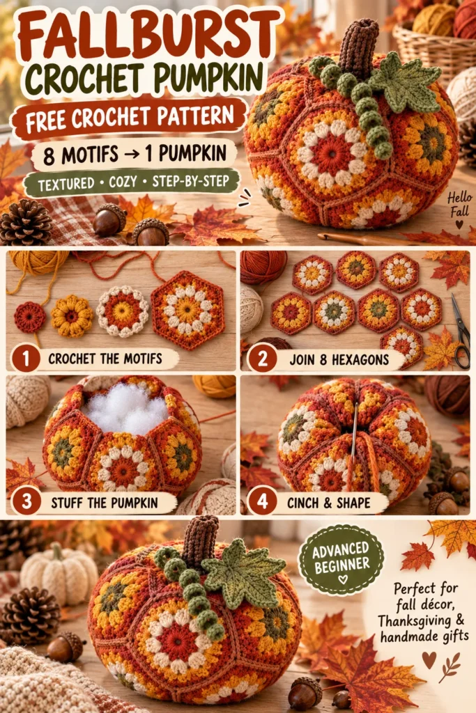 Free Crochet Fall Pumpkin Pattern Made from Hexagon Motifs. pin