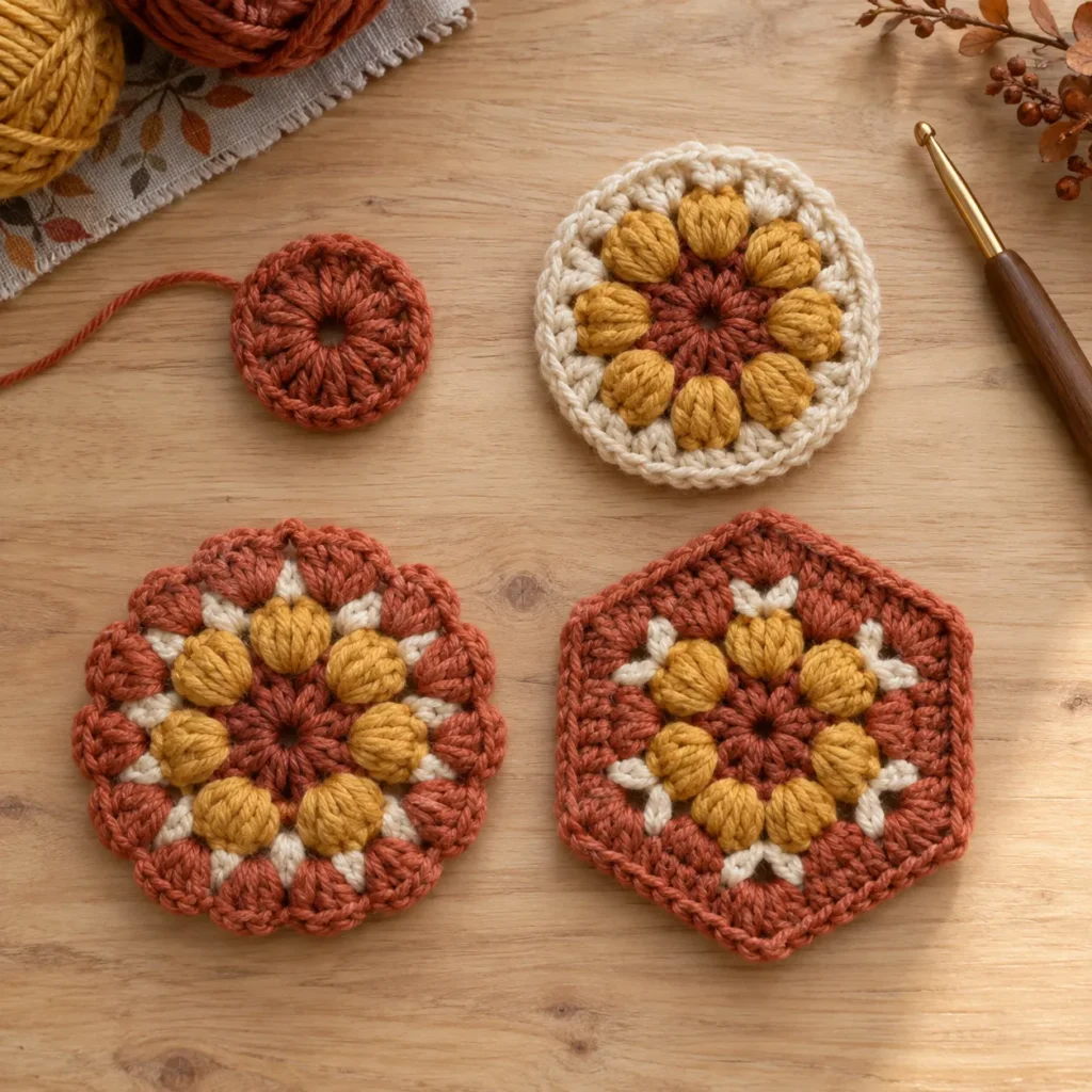 Step by step Fallburst crochet hexagon motif for pumpkin pattern