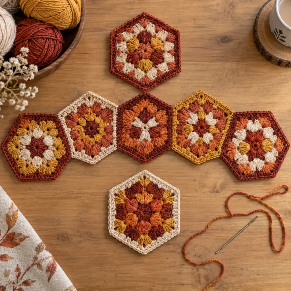 Eight Fallburst crochet hexagon motifs arranged before pumpkin assembly