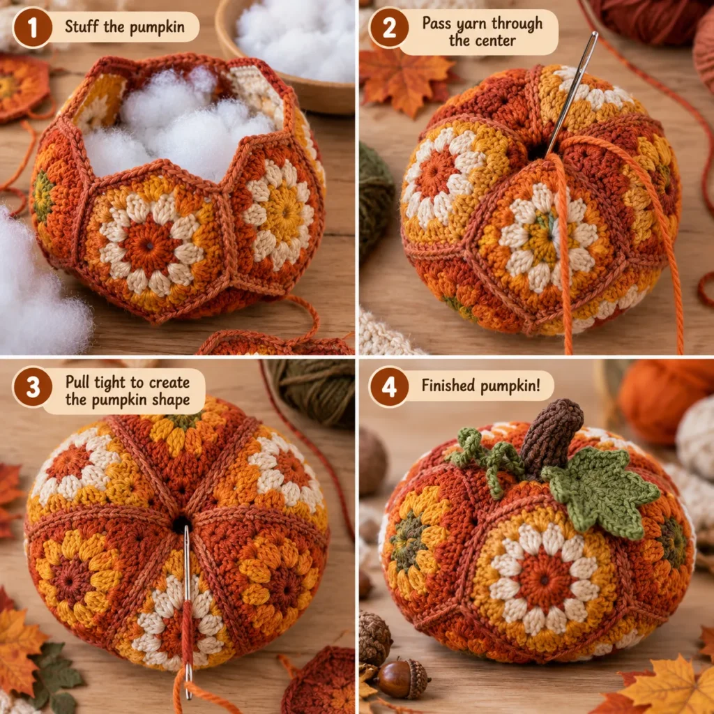Stuffing and shaping a crochet motif pumpkin with center cinching