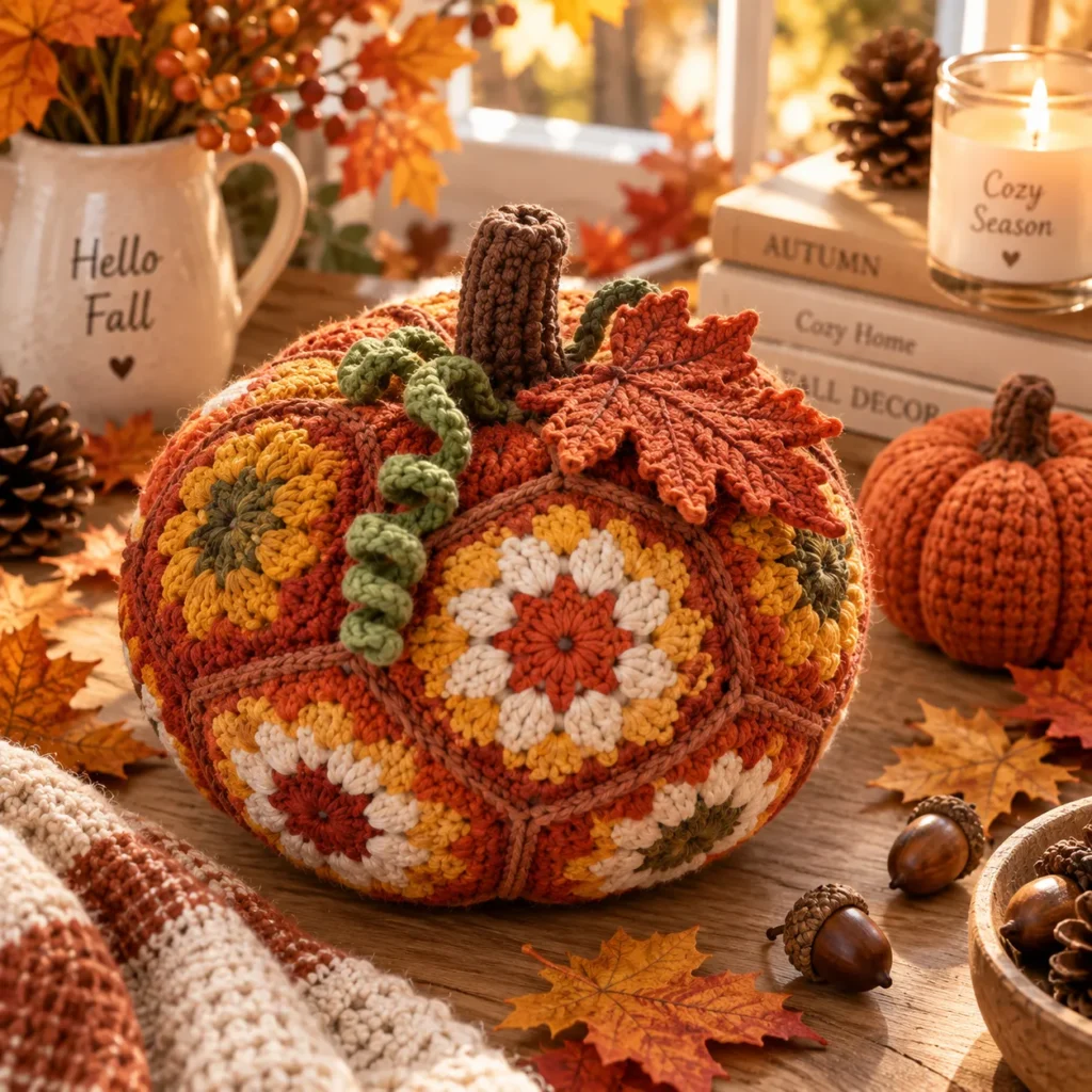 Finished Fallburst motif crochet pumpkin with maple leaf and autumn decor