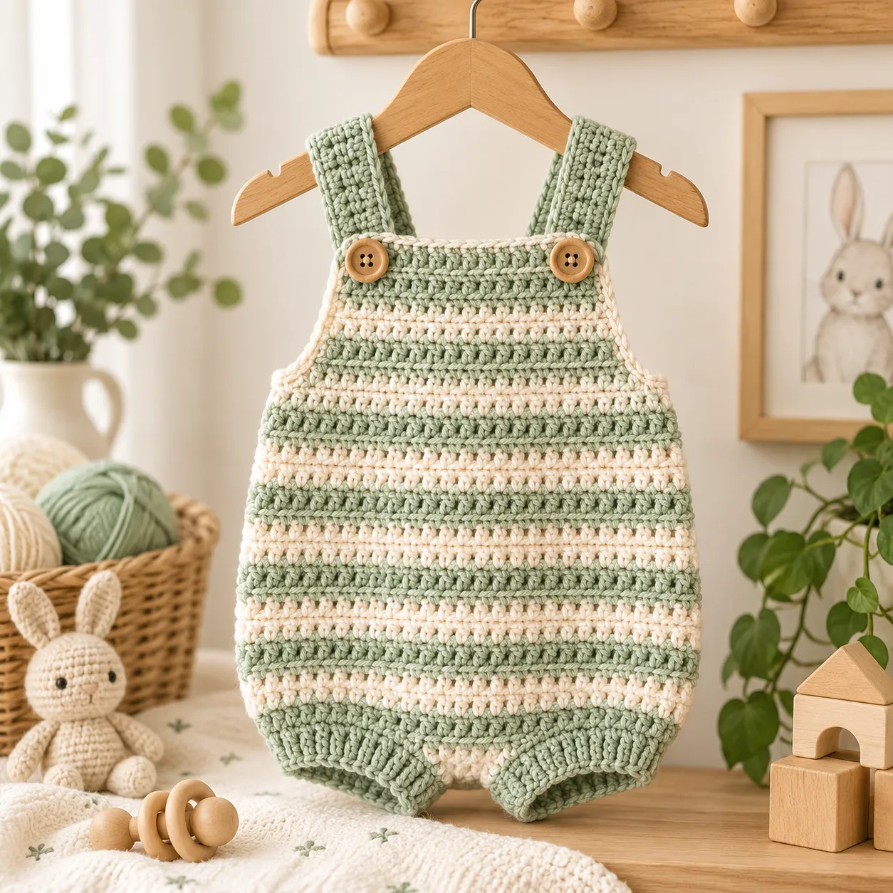 Sage green and cream crochet baby romper