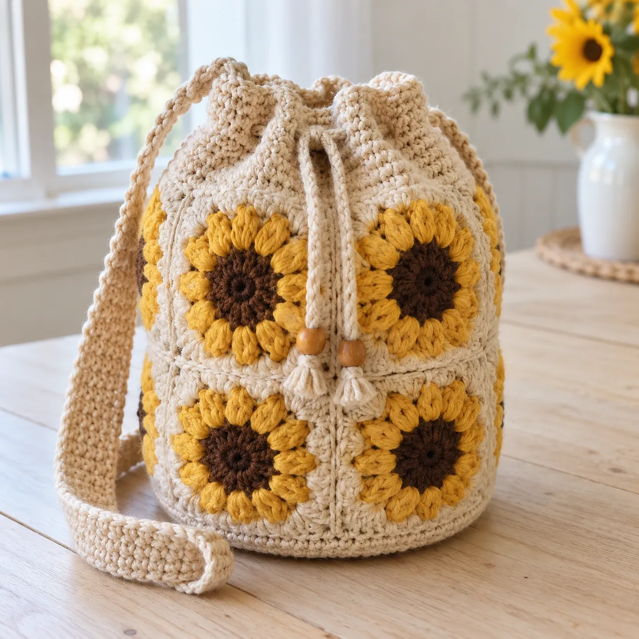 Sunflower granny square bucket bag