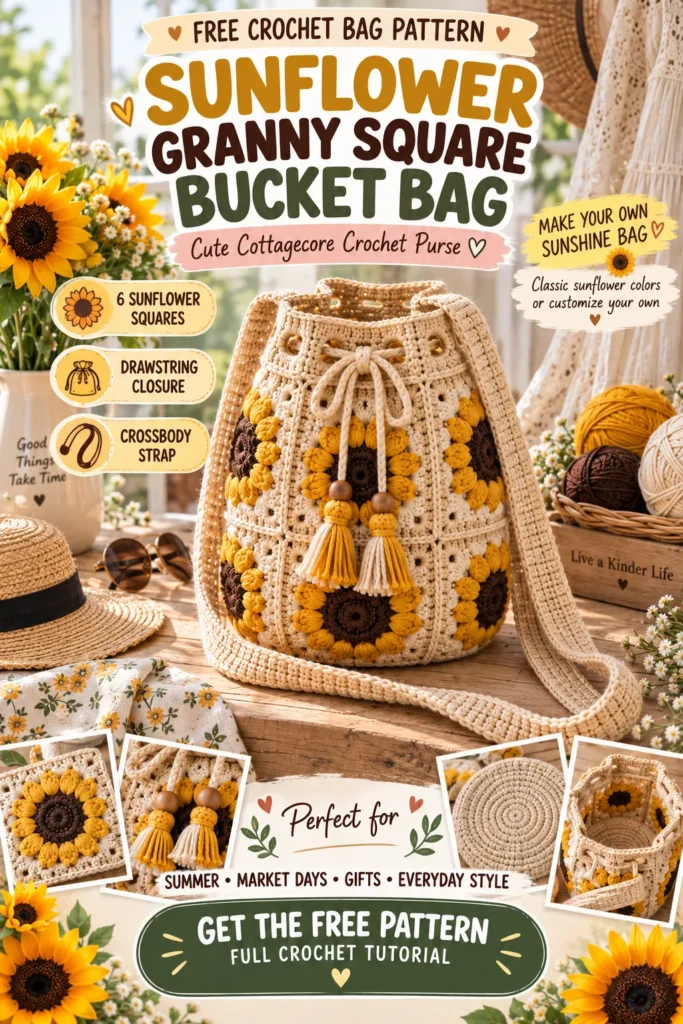 Free Sunflower Granny Square Bucket Bag Crochet Pattern pin