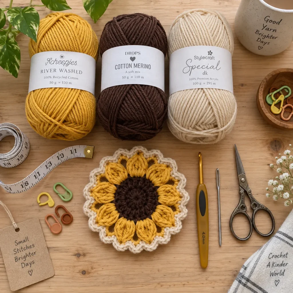 Yarn and crochet supplies for Sunflower Granny Square Bucket Bag