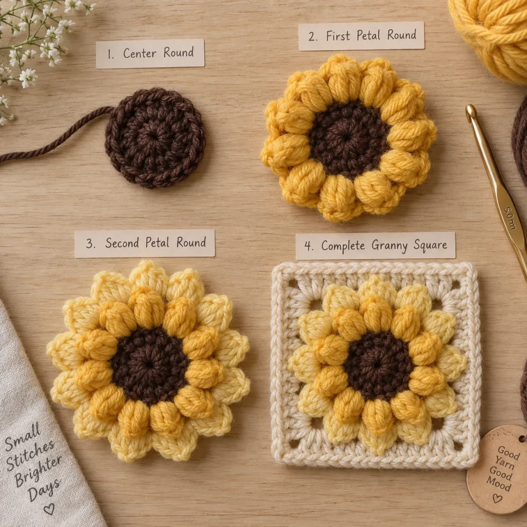 Step by step sunflower granny square crochet motif for bucket bag