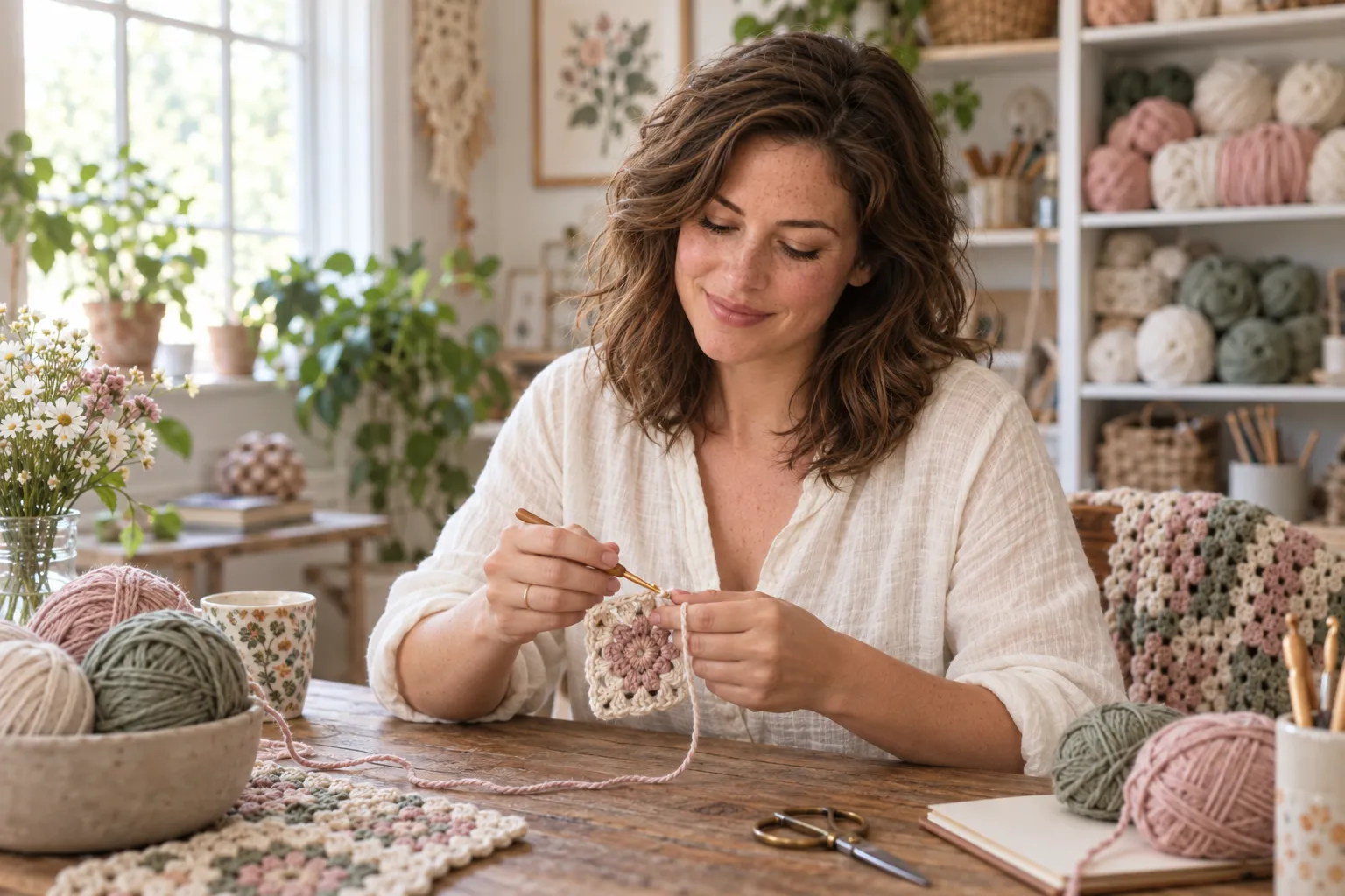 Clara working on a cream and blush crochet square at her wooden craft table.