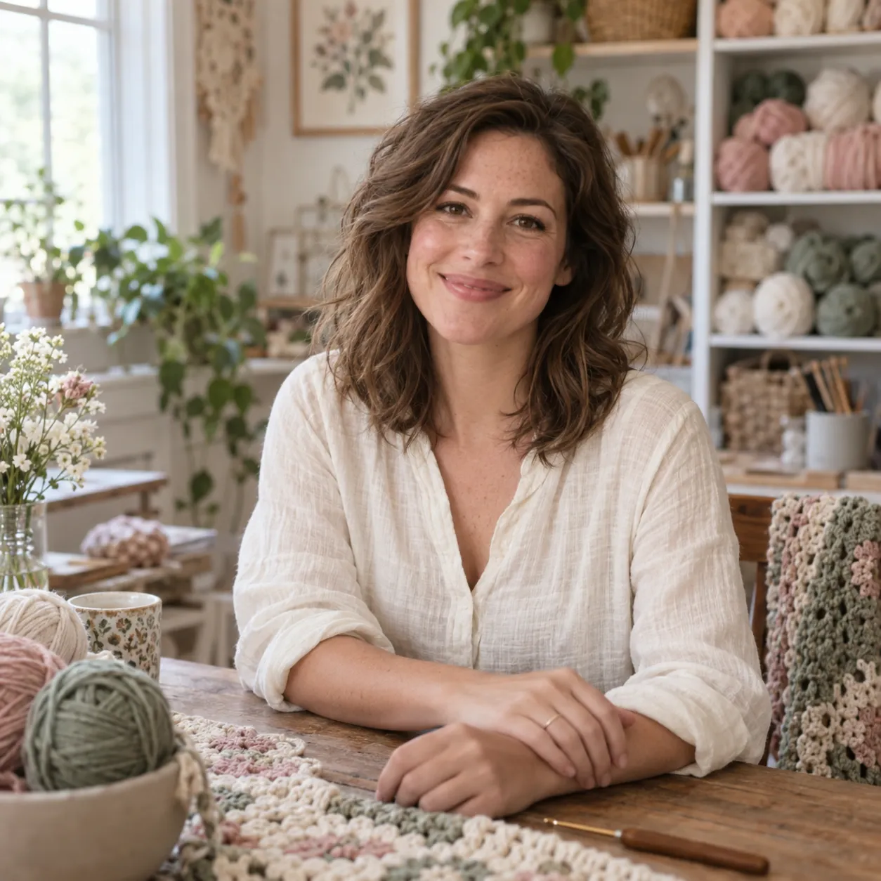 Clara Bennett, the fictional studio character, in her sunlit crochet room.