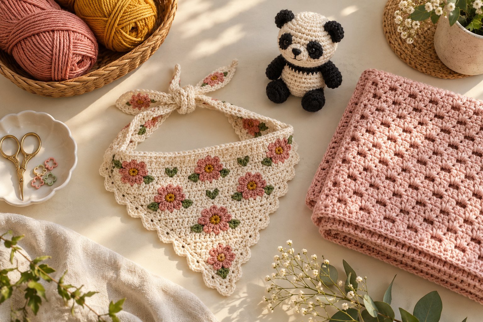 Floral crochet bandana, amigurumi animal, yarn and blush blanket.