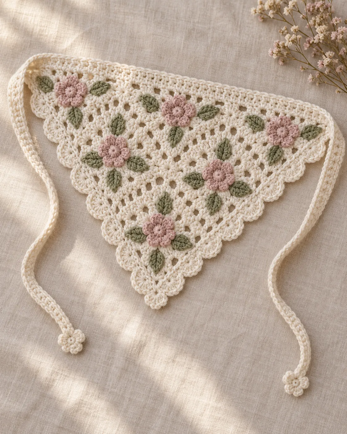 Ivory crochet bandana with dusty pink flowers and sage leaves