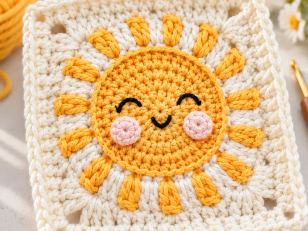 Cream granny square before adding the sun