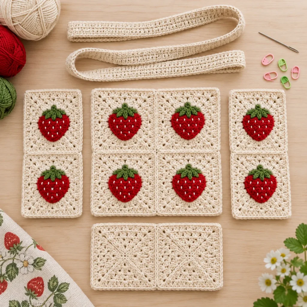 Strawberry granny square tote panels arranged for crochet bag assembly