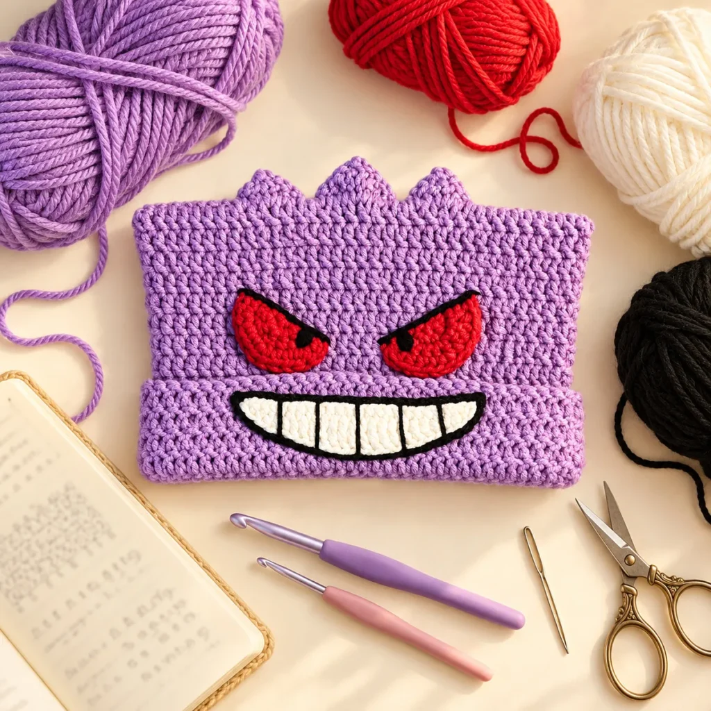Close-up of the beanie’s crown peaks and purple crochet texture.