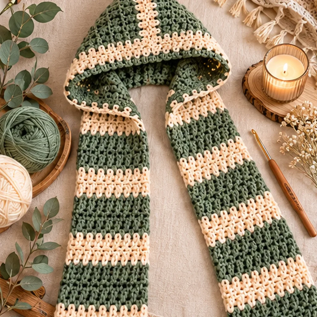 flat-lay of the finished scarf on cream linen with sage yarn, cream yarn, crochet hook, eucalyptus, and simple neutral props.