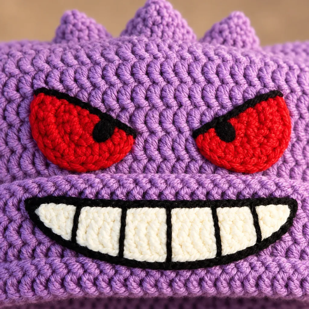 Purple, red, black, and cream yarn with crochet tools on a light surface.