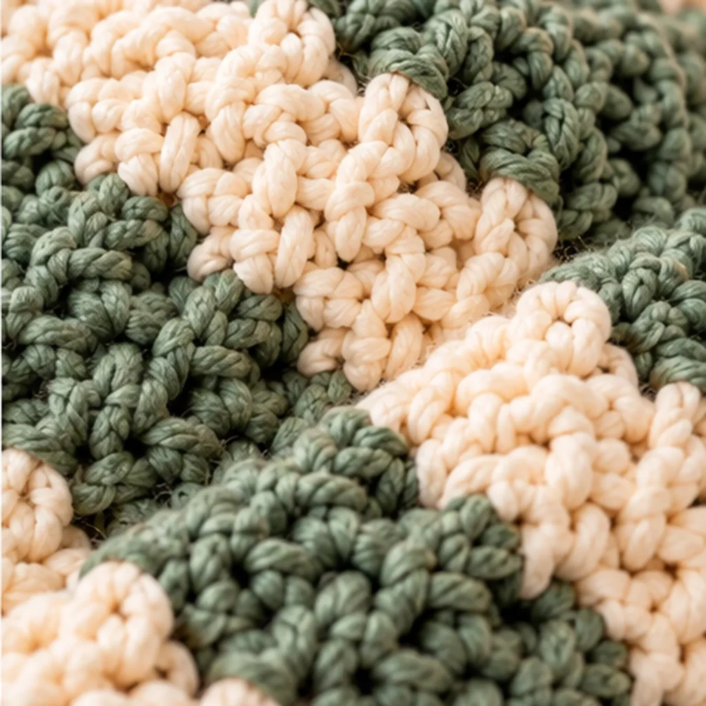 macro close-up of the sage-and-cream crochet stitches, showing the clean stripe transition and soft yarn texture.