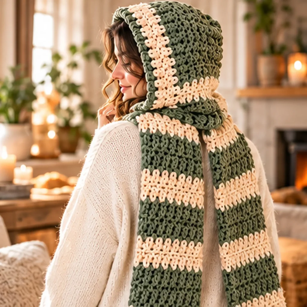 three-quarter or back view of the woman wearing the scarf, clearly showing the rounded hood and the way it sits at the back.