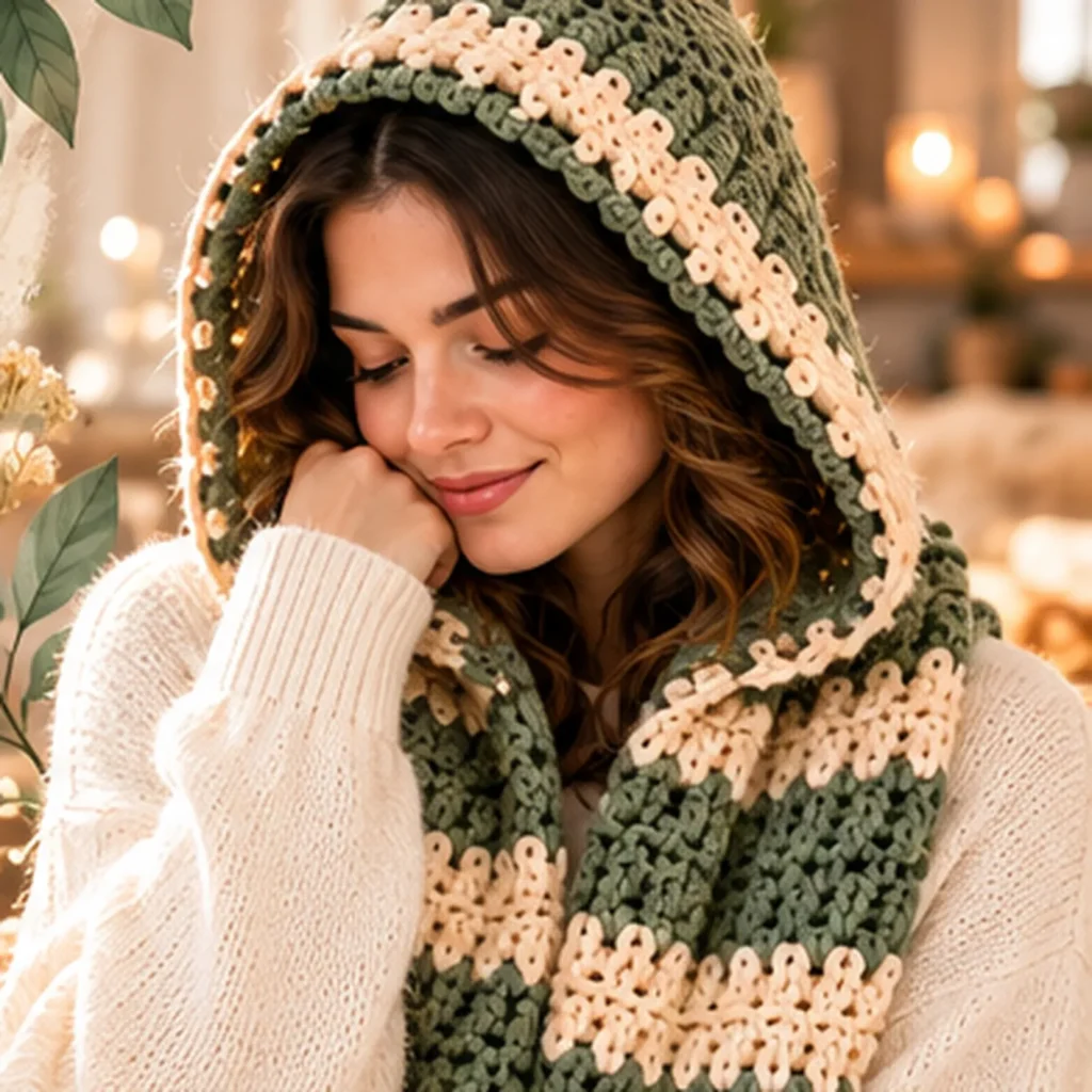 cozy lifestyle scene with the finished scarf styled naturally—either worn with a winter outfit or draped over a chair beside yarn, a mug, and soft knit textures.
