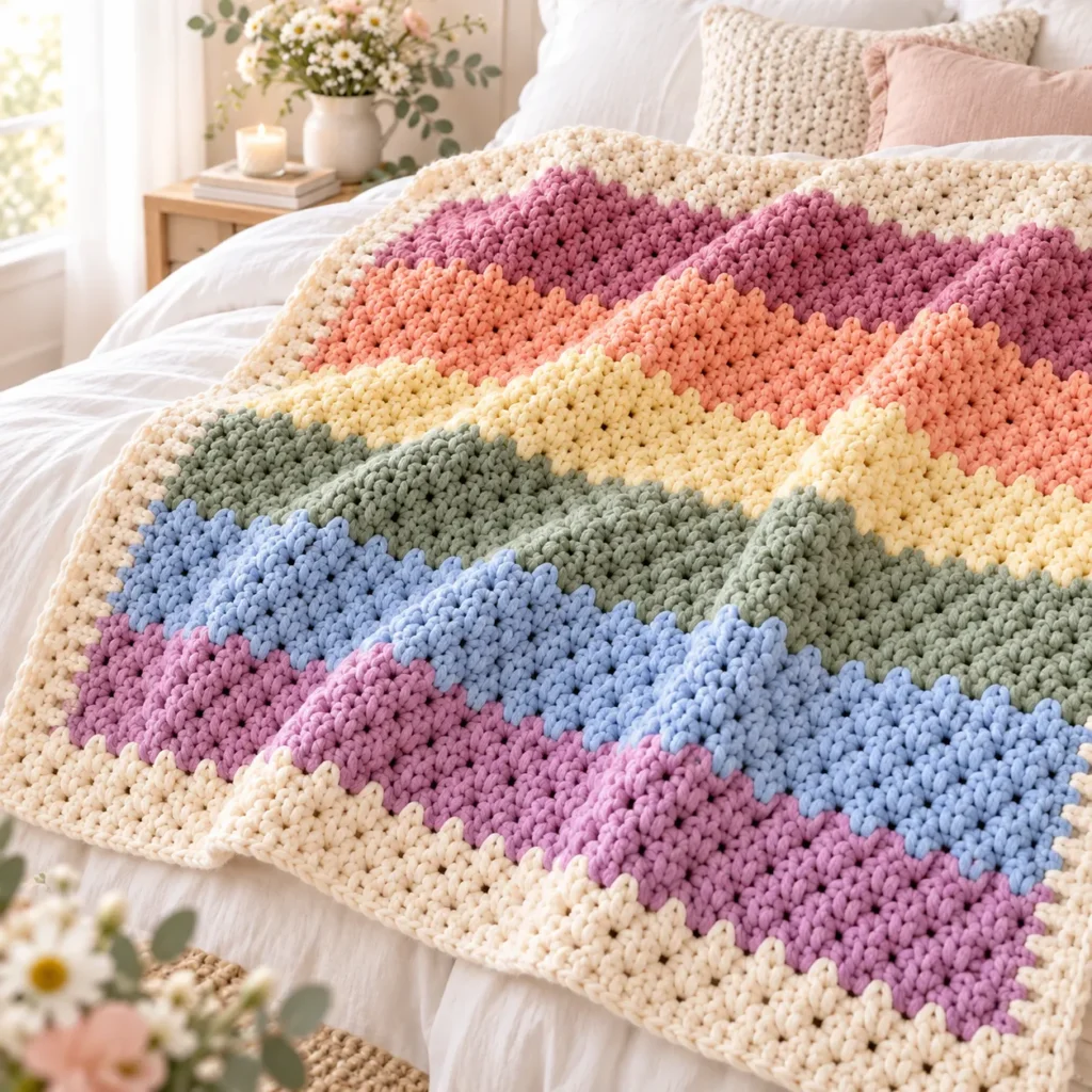 Close-up of the colorful Alpine stitch blanket draped over a cozy bed, showing the texture and cream edging
