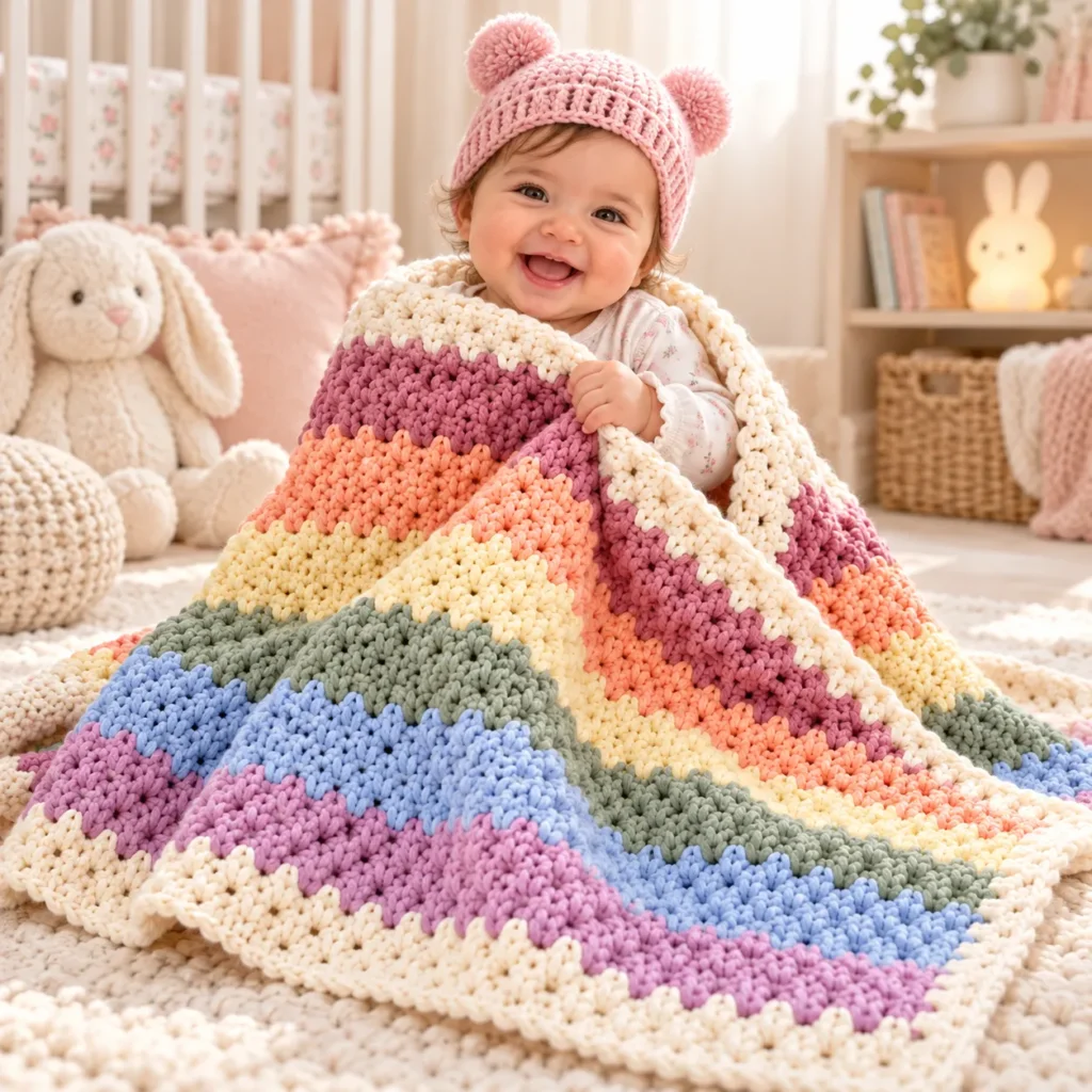 Beautiful flat-lay featuring the finished folded Alpine blanket, coordinating yarn balls, crochet hook, and scissors