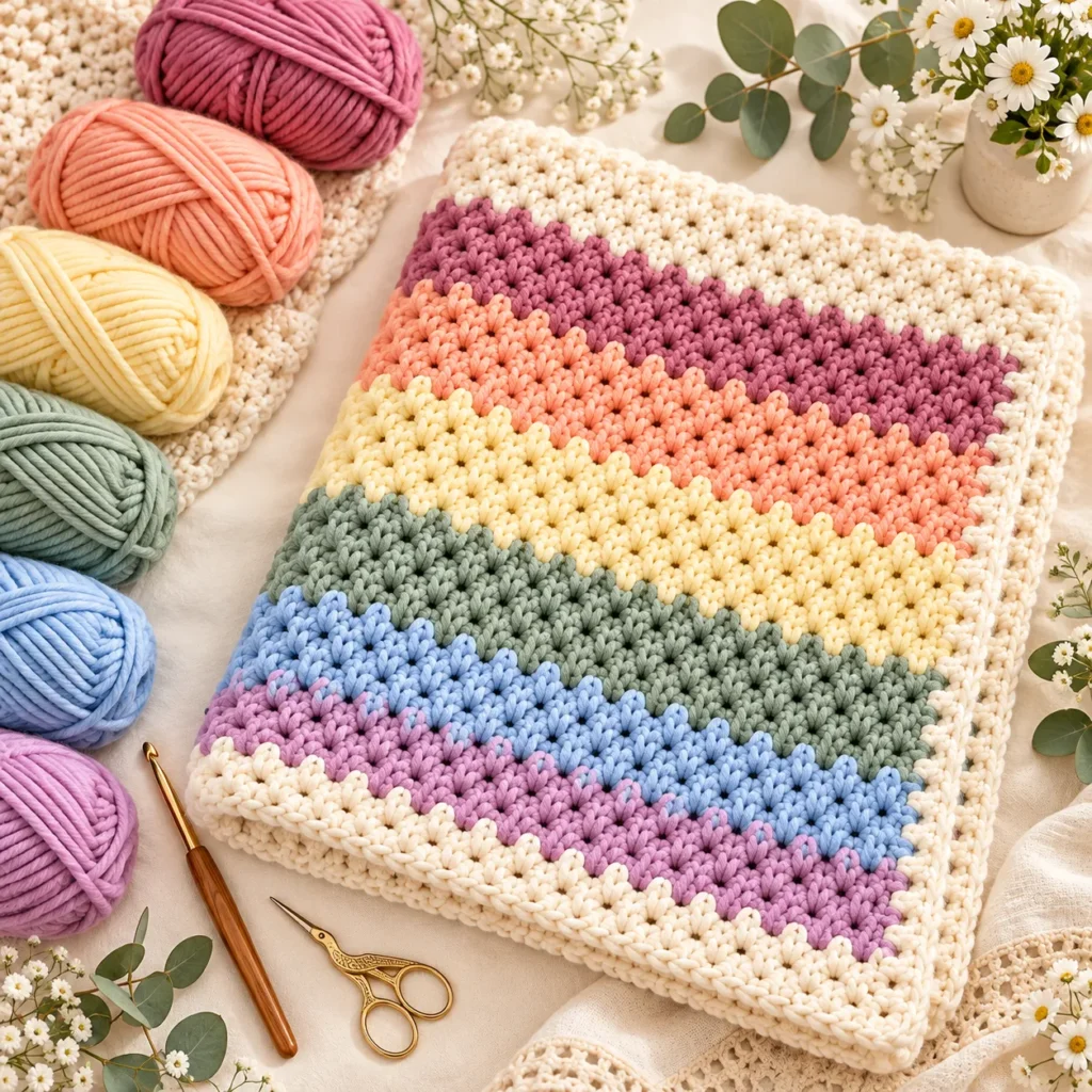 Lifestyle photograph of the colorful Meadowlight Alpine Blanket displayed on a cozy chair in a bright nursery or living room