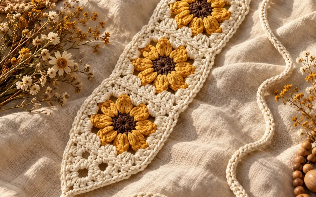 Boho Cotton Bandana with Faded Sunflowers – Free Crochet Pattern
