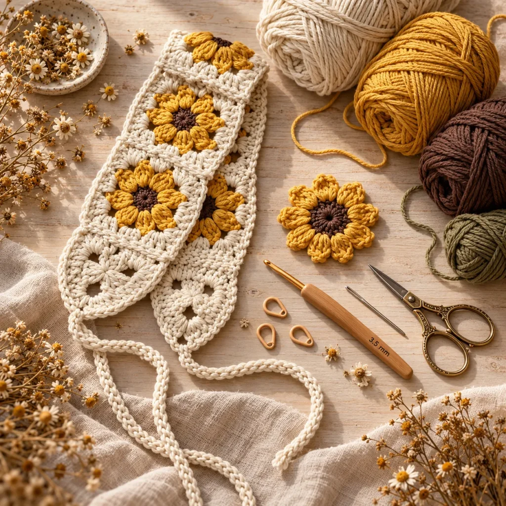 Cotton yarn and materials for faded sunflower crochet bandana