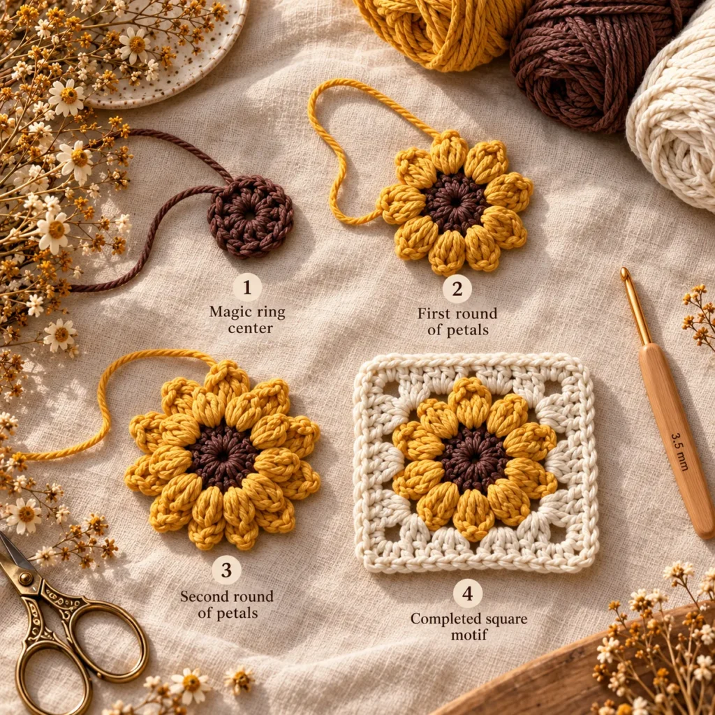 Faded sunflower granny square crochet tutorial