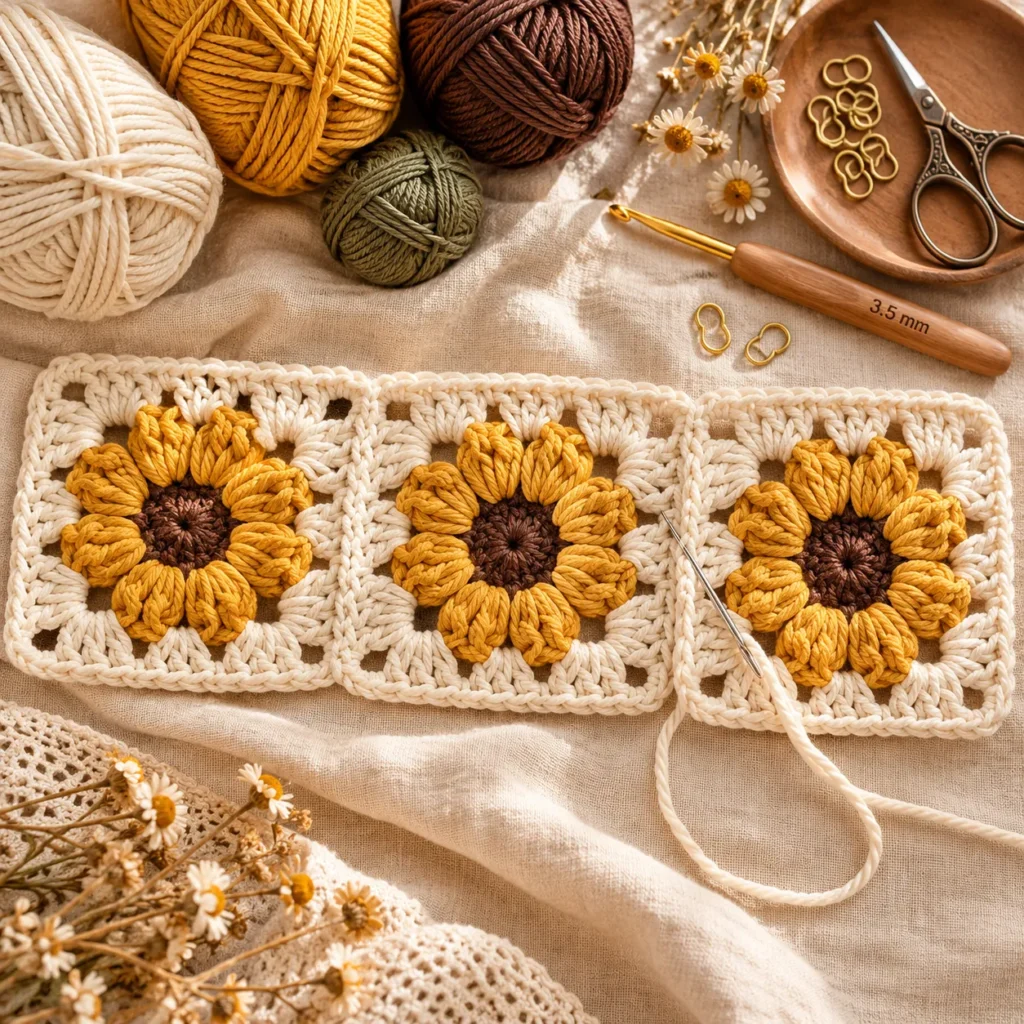 Joining sunflower granny squares for crochet bandana