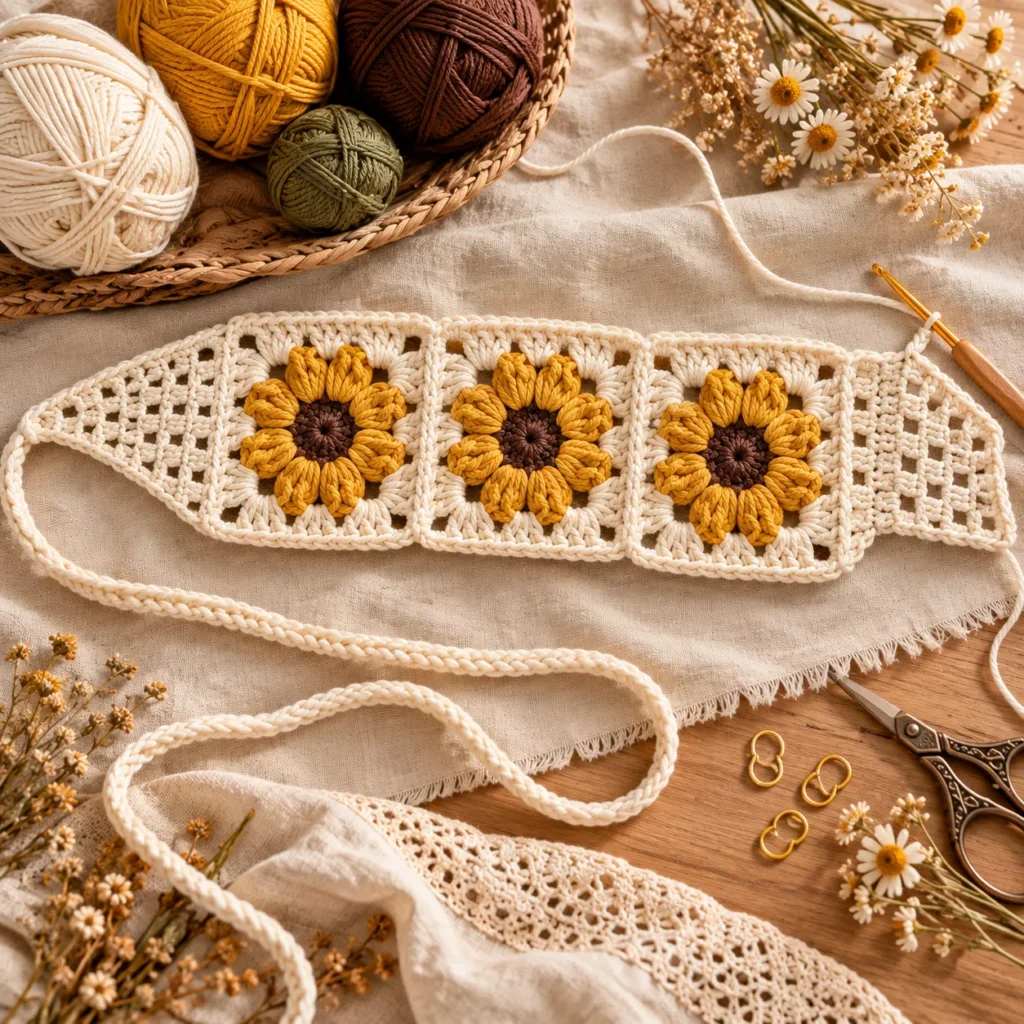 Crochet sunflower bandana side panel and tie construction