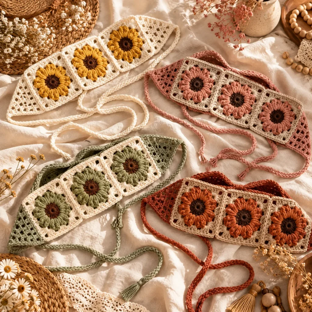 Finished boho crochet sunflower bandanas in vintage colorways