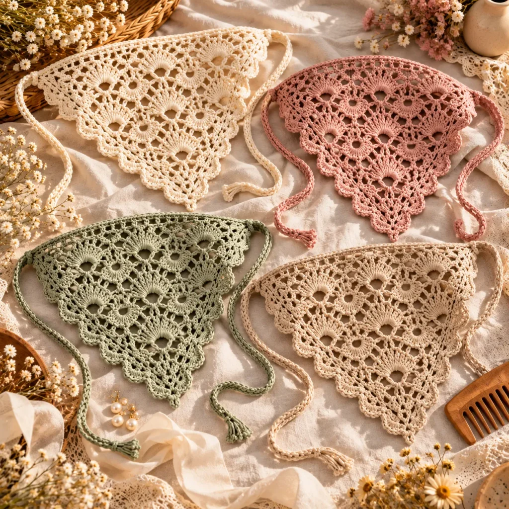 Finished handcrafted crochet bandanas in elegant neutral colorways
