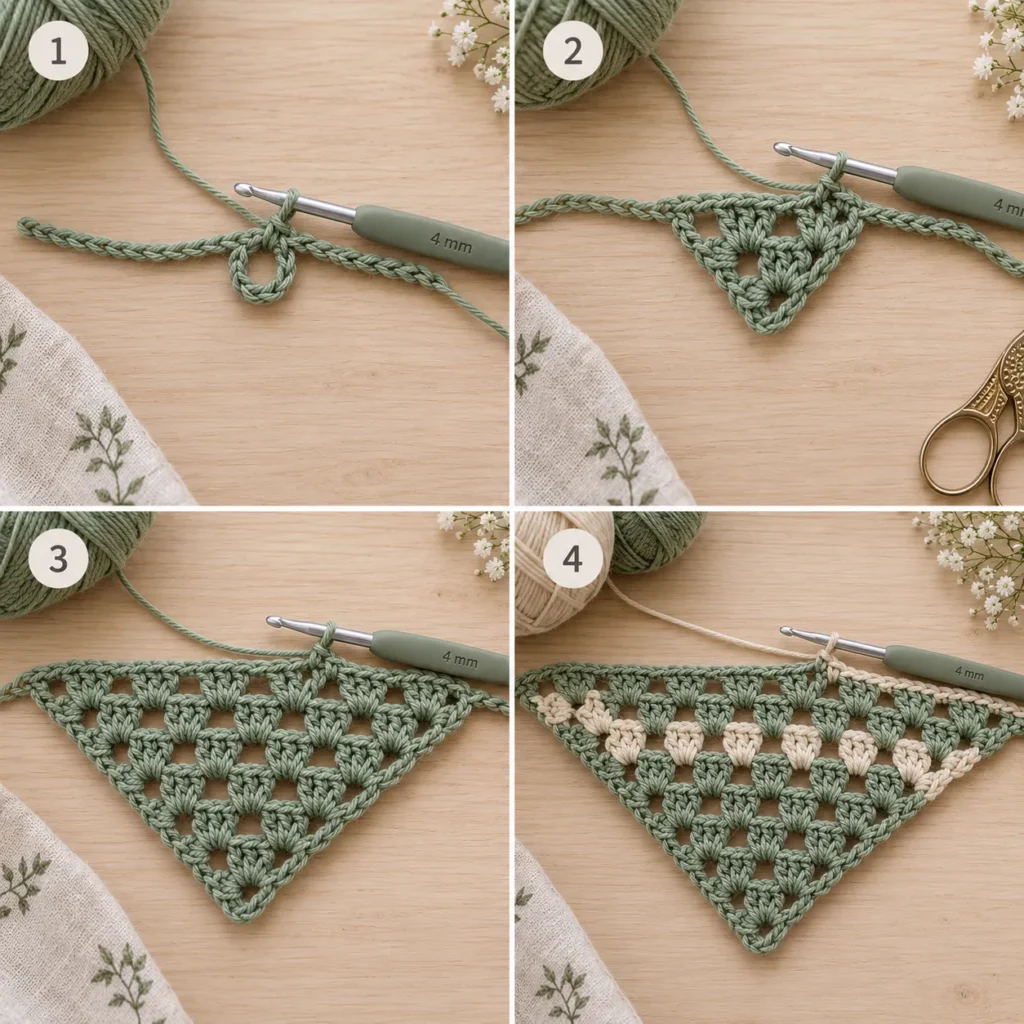 Beginning the granny triangle for crochet bandana