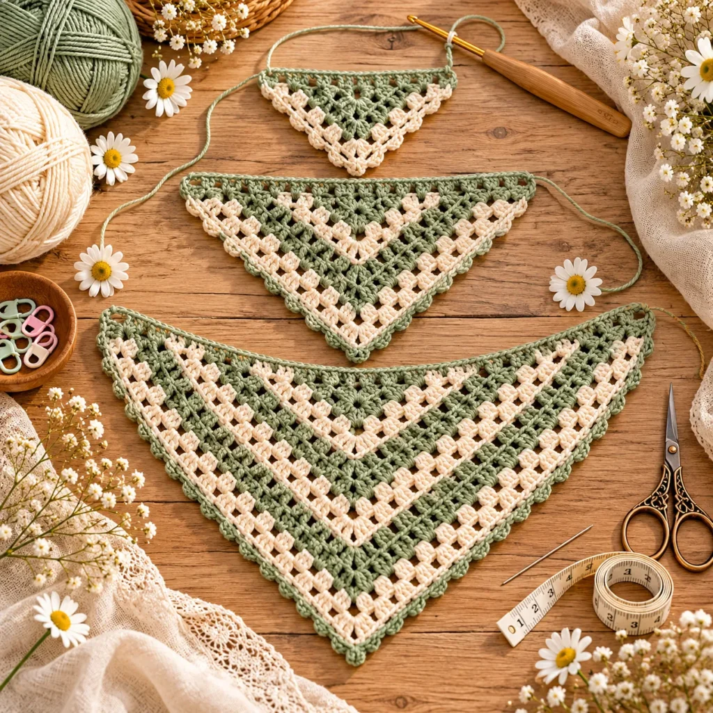 Sage and cream crochet bandana stripe progress