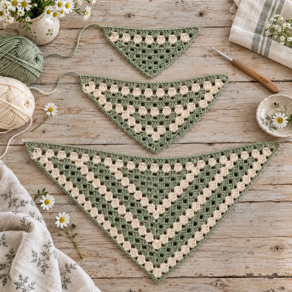 Sage and cream granny crochet bandana progress