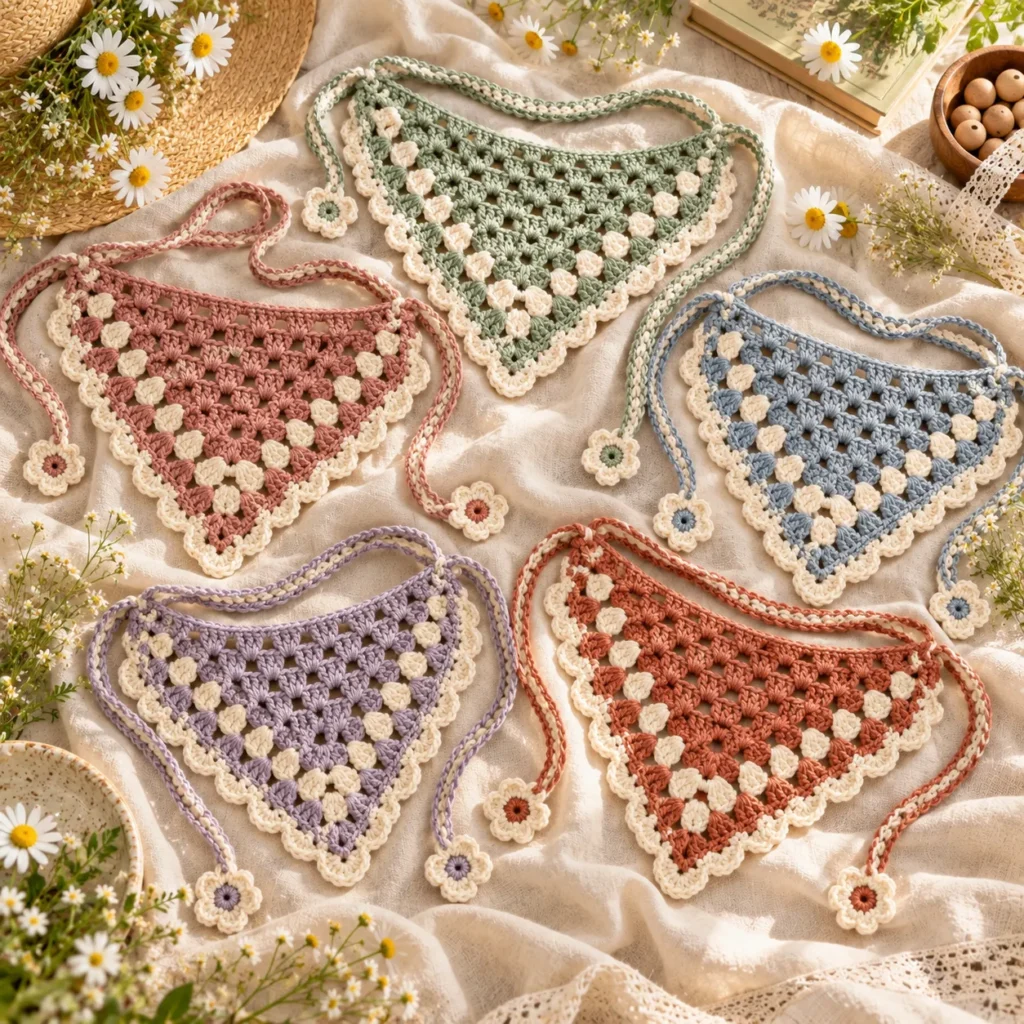 Finished Granny Crochet Bandanas in five color combinations