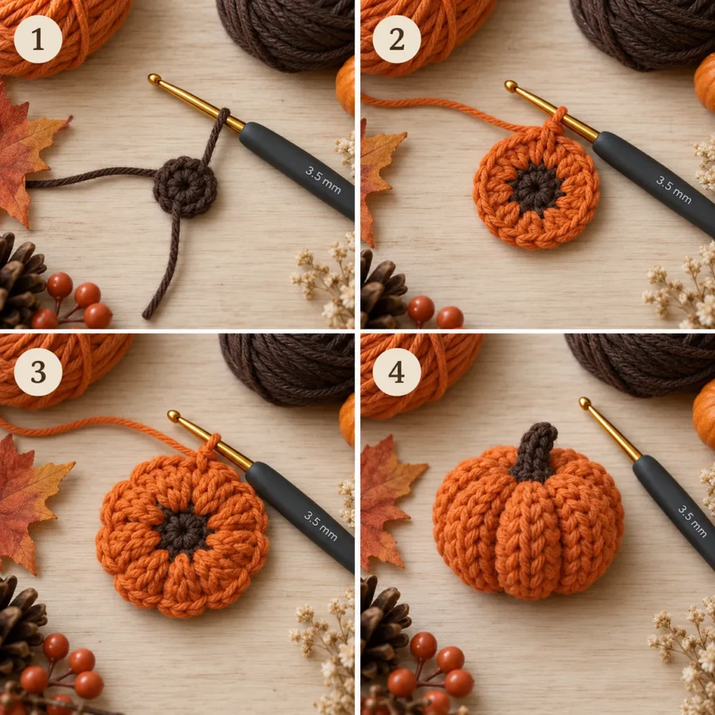 Crochet pumpkin motif tutorial for Halloween bandana