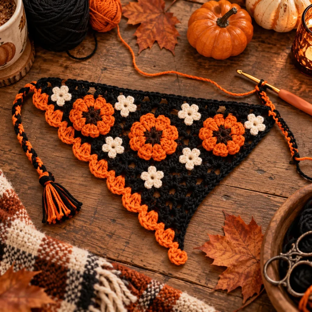 Crochet Halloween Bandana pumpkin motifs border and ties