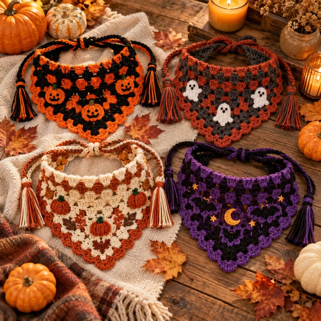 Finished Crochet Halloween Bandanas in four fall colorways