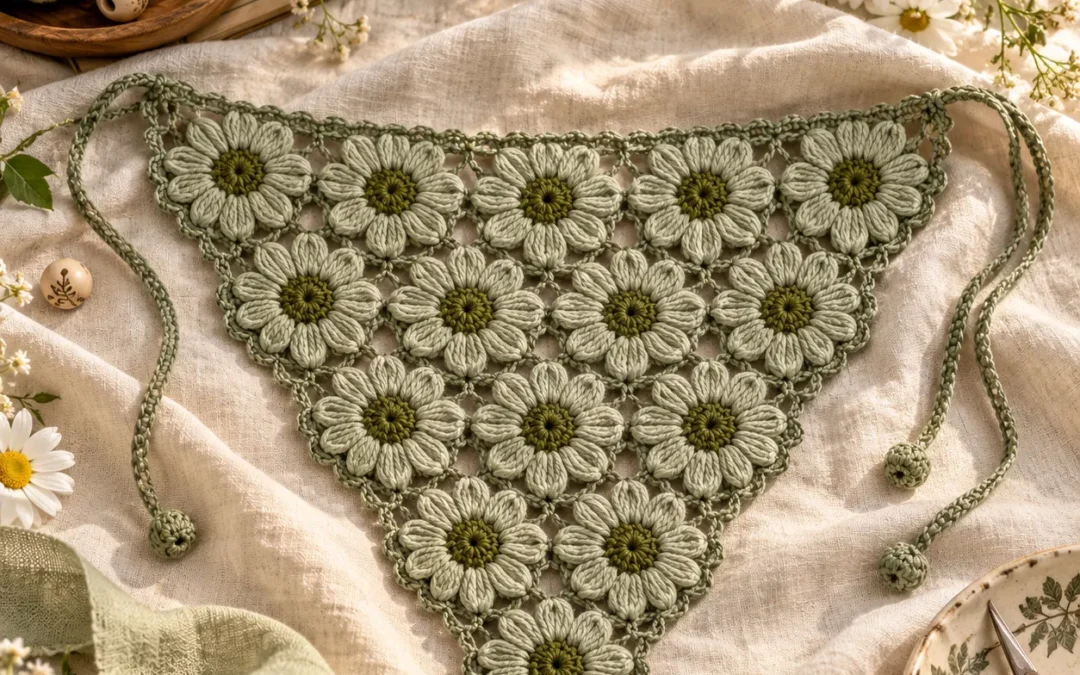 Handcrafted Sage Green Daisy Crochet Hair Bandana Kerchief Pattern – Free Floral Headscarf Tutorial