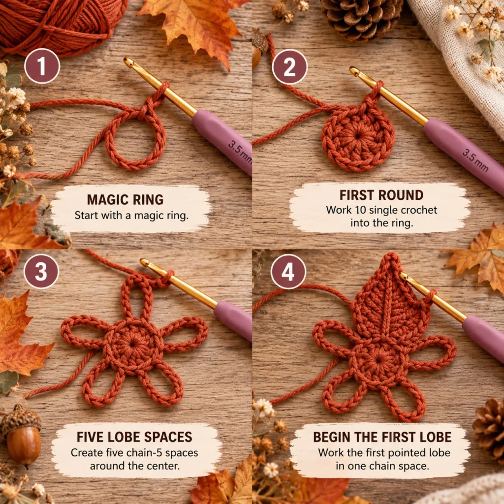 Crochet Maple Leaf center and lobe setup tutorial