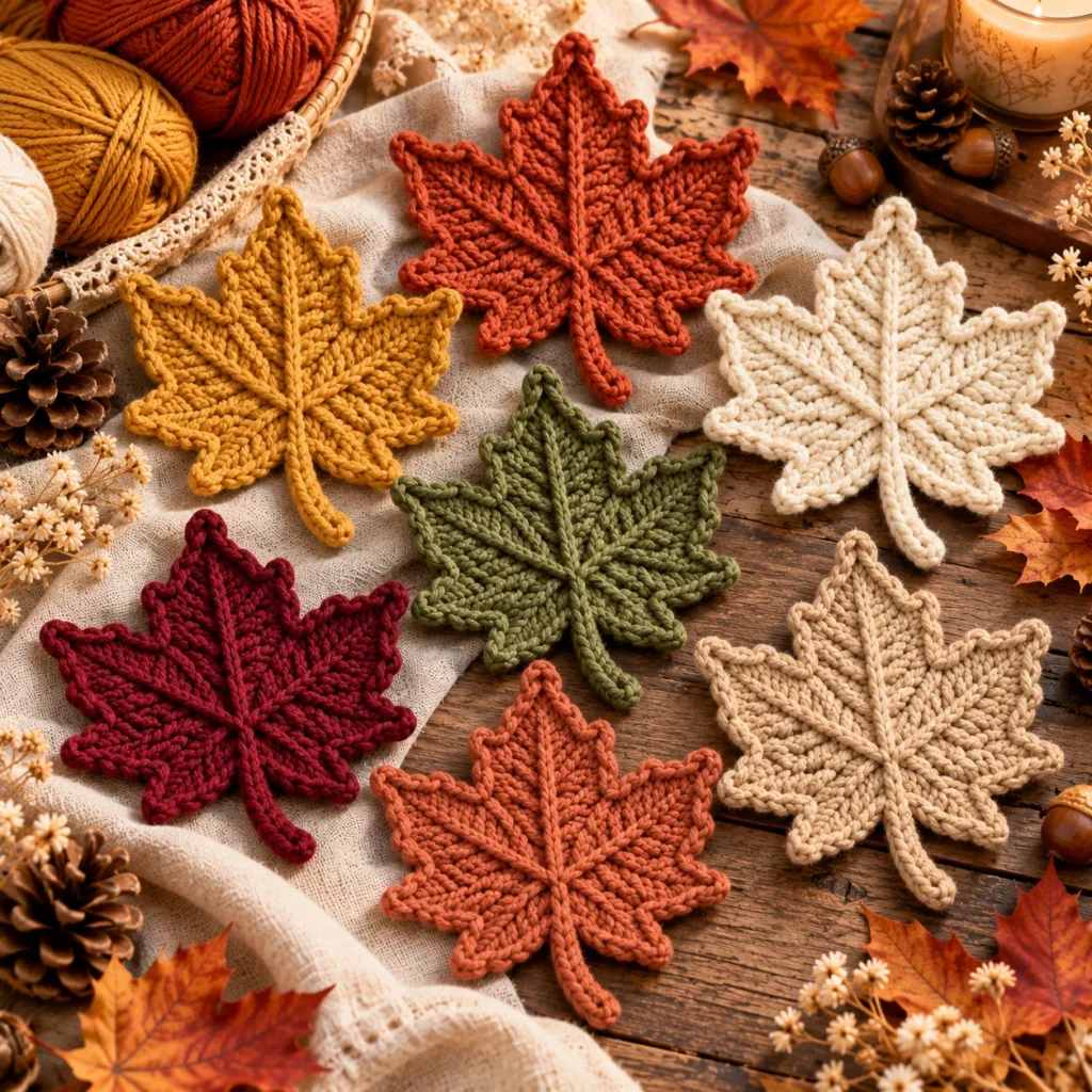 Crochet Maple Leaf appliqués in autumn colors